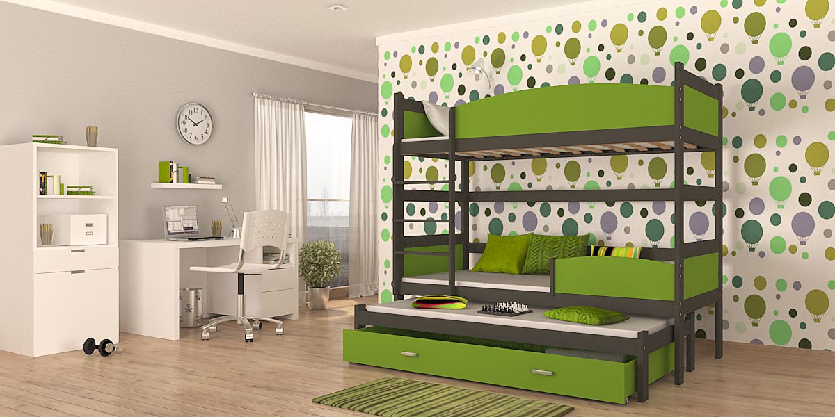 Dětská patrová postel SWING3 COLOR + rošt + matrace ZDARMA, 190x80, šedý/zelený - Expedo s.r.o.