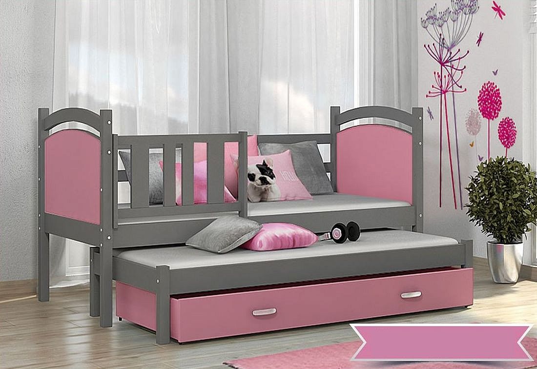 Dětská postel DOBBY P2 COLOR + matrace + rošt ZDARMA, 190x80, šedá/růžová - Expedo s.r.o.