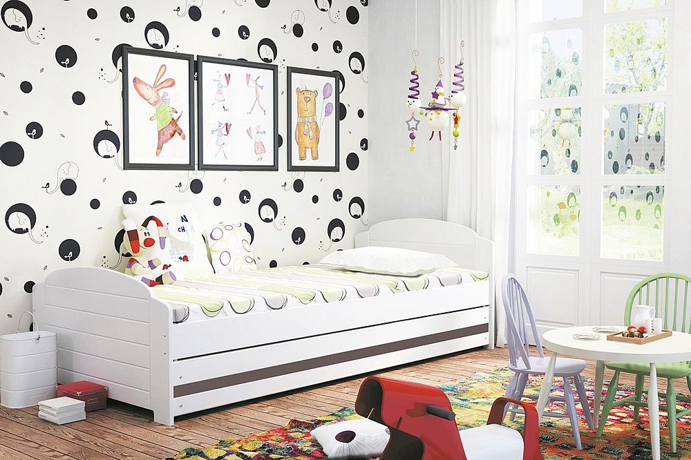 Dětská postel DOUGY P1 + úložný prostor + matrace + rošt ZDARMA, 90x200, bílý, grafitová - Expedo s.r.o.
