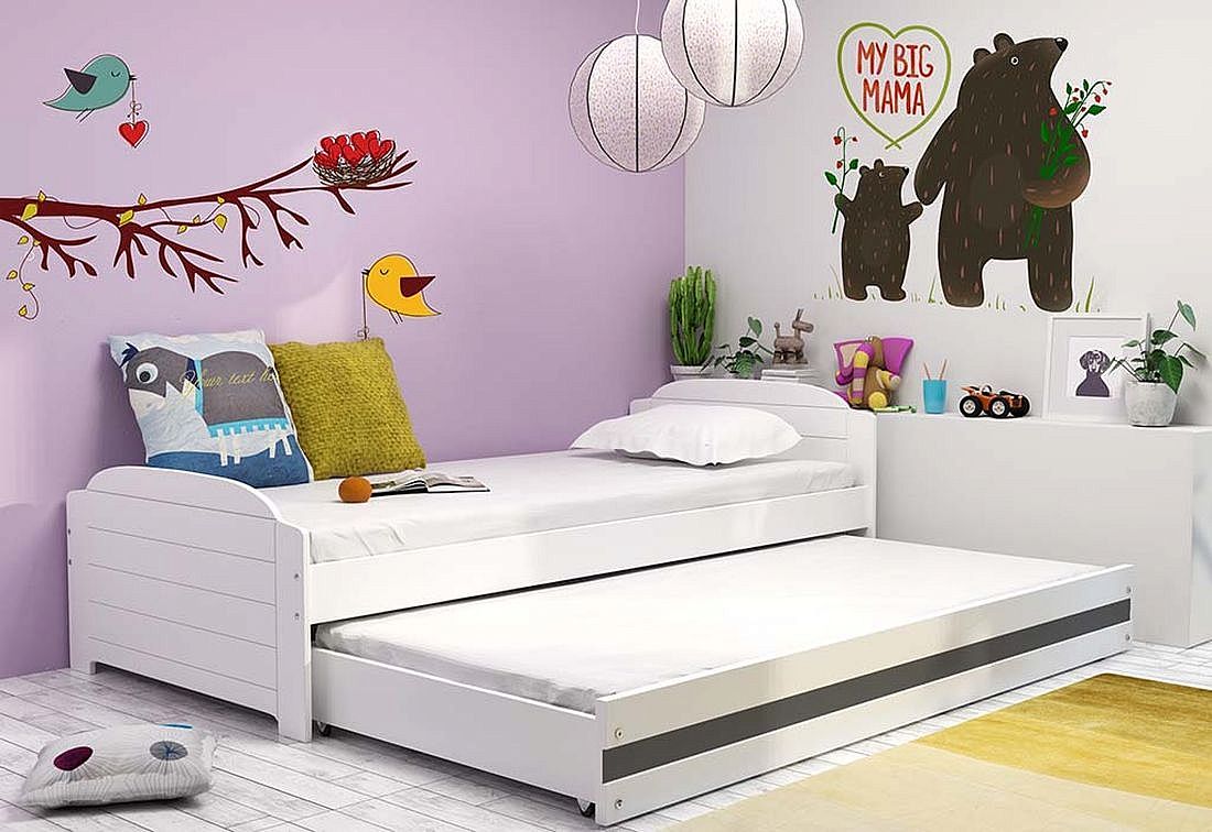 Dětská postel DOUGY P2 + matrace + rošt ZDARMA, 90x200, bílý, grafitová - Expedo s.r.o.