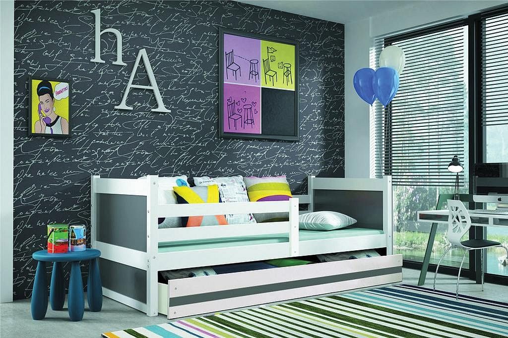 Dětská postel FIONA P1 COLOR + úložný prostor + matrace + rošt ZDARMA, 90x200 cm ,bílý, grafit - Expedo s.r.o.