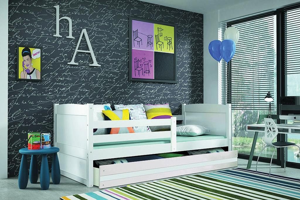 Dětská postel FIONA P1 COLOR + úložný prostor + matrace + rošt ZDARMA, 90x200 cm, bílý, bílá - Expedo s.r.o.