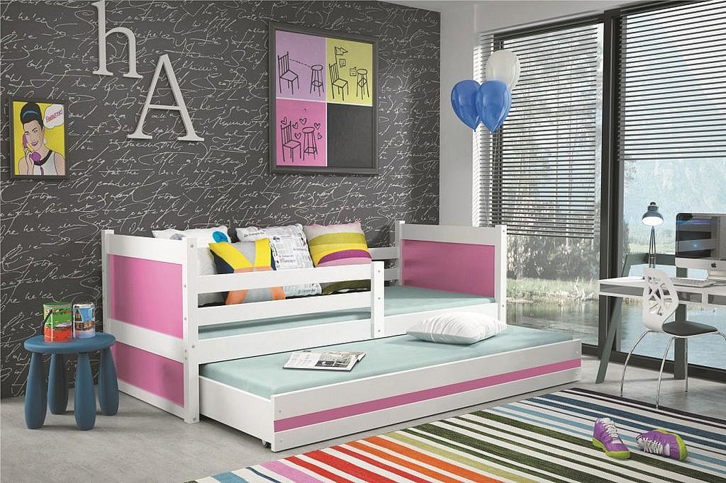 Dětská postel FIONA P2 + matrace + rošt ZDARMA, 80x190 cm, bílý, růžová - Expedo s.r.o.