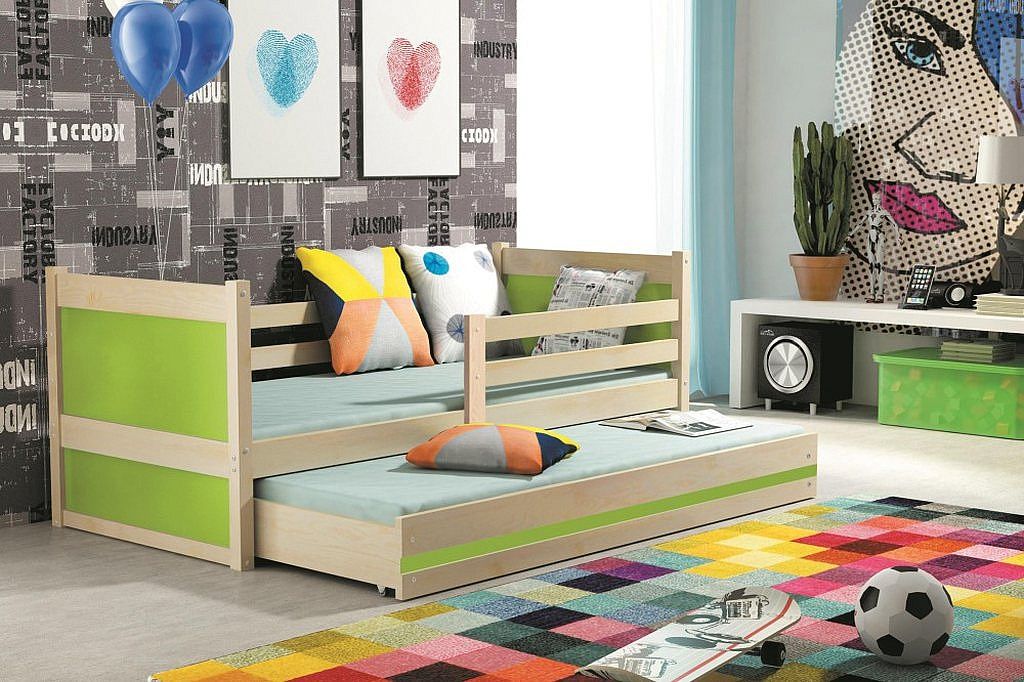 Dětská postel FIONA P2 + matrace + rošt ZDARMA, 80x190 cm, borovice, zelená - Expedo s.r.o.