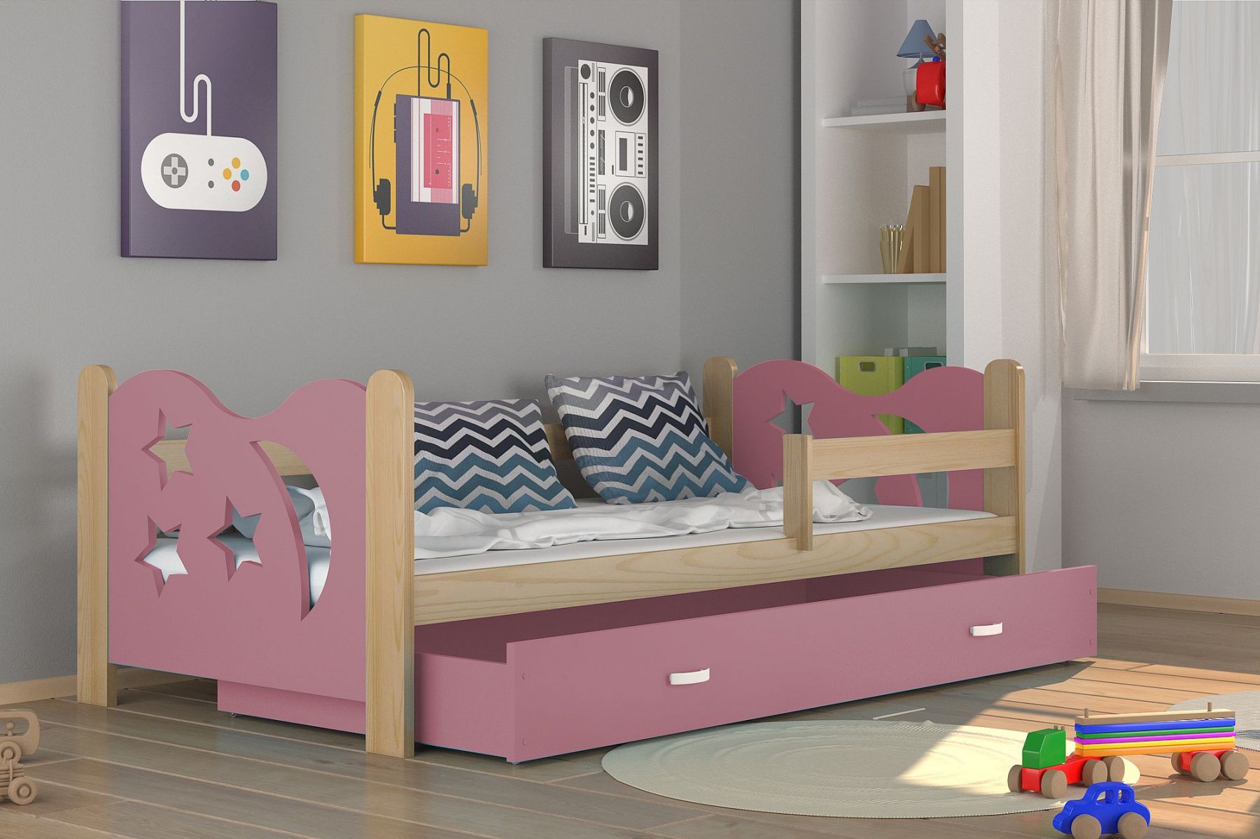 Dětská postel MICKEY P1 + matrace + rošt ZDARMA, 160x80, borovice/růžová - Expedo s.r.o.