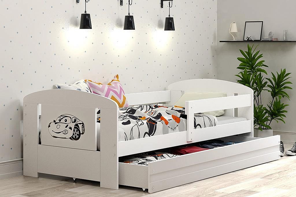 Expedo Dětská postel PHILIP P1 + úložný prostor + matrace + rošt ZDARMA, 80x160 cm, bílý/auto - Expedo s.r.o.