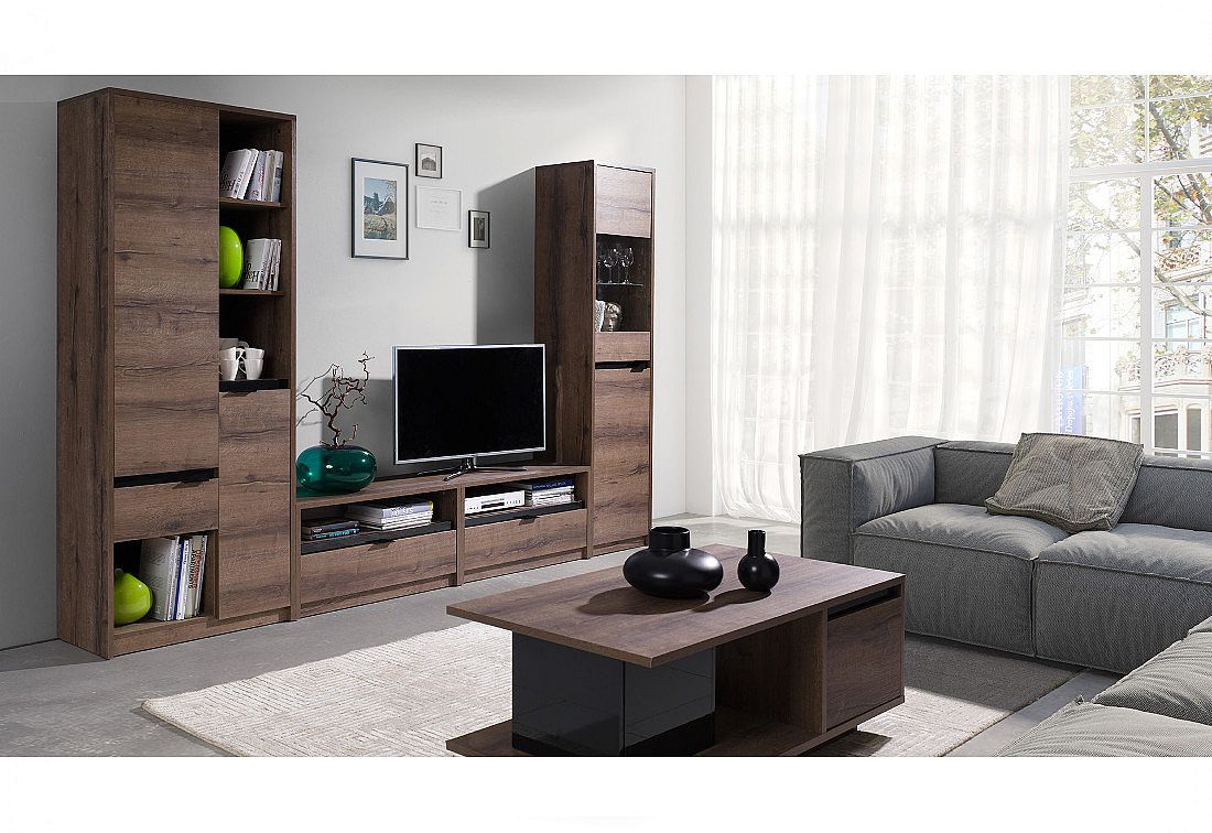 Obývací sestava KOLOREDO 1 + LED - regál + 2x TV stolek RTV1SZ + vitrína + LED + konf. stolek, dub Monastery/černá lesk - Expedo s.r.o.