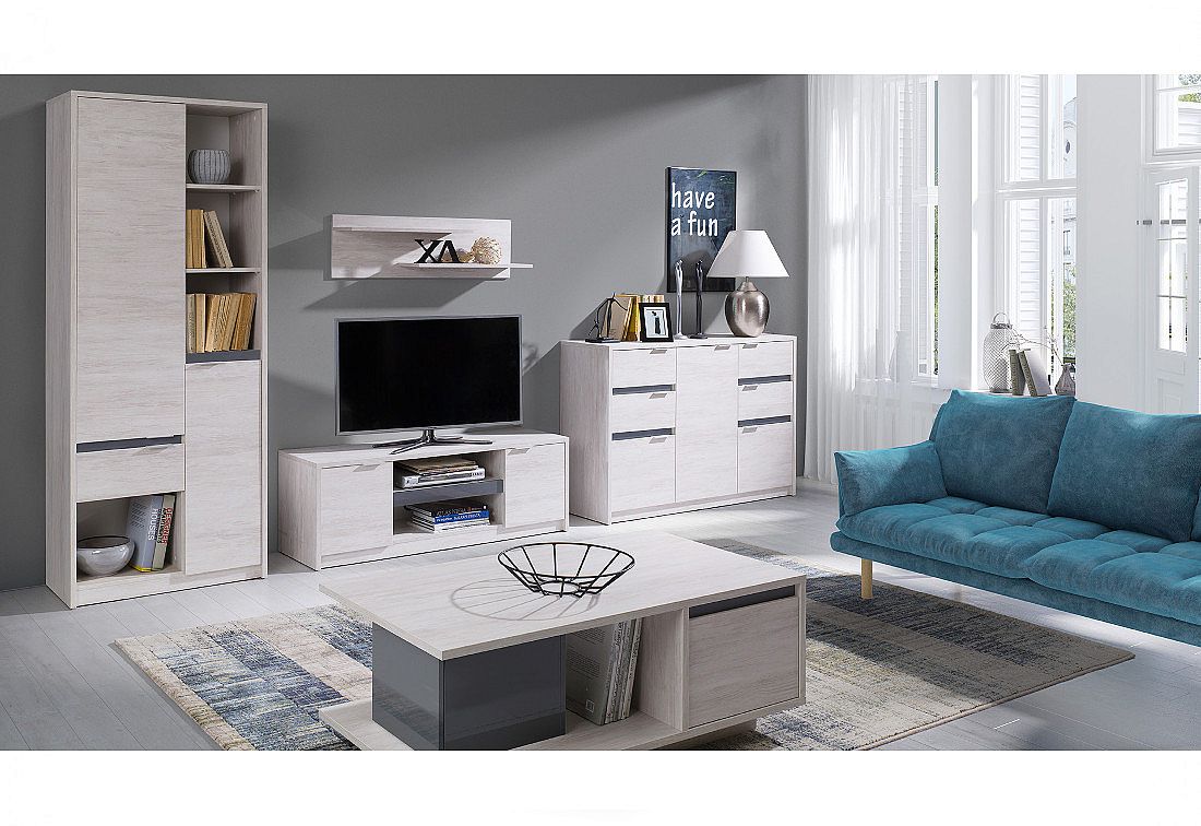 Obývací stěna KOLOREDO 1 - regál + TV stolek RTV2D + komb. komoda + konf. stolek + polička, dub bílý/grafit lesk - Expedo s.r.o.