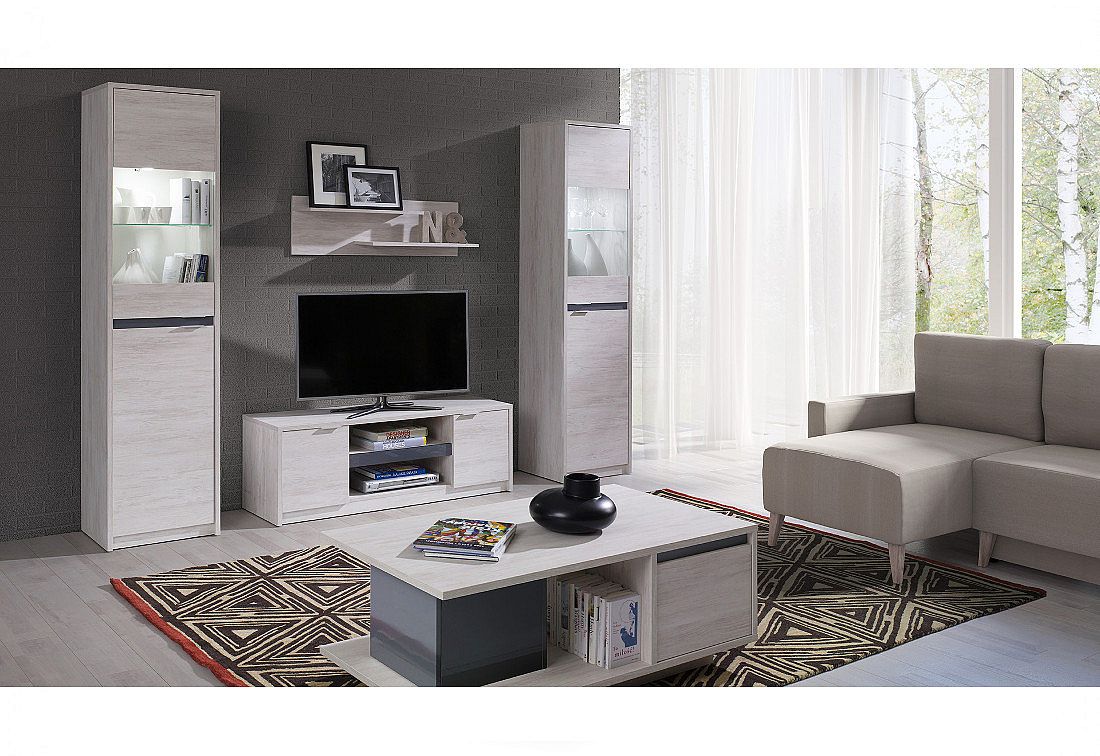 Obývací stěna KOLOREDO 2 + LED - TV stolek RTV2D + 2x vitrína s LED + konf. stolek + polička, dub bílý/grafit lesk - Expedo s.r.o.