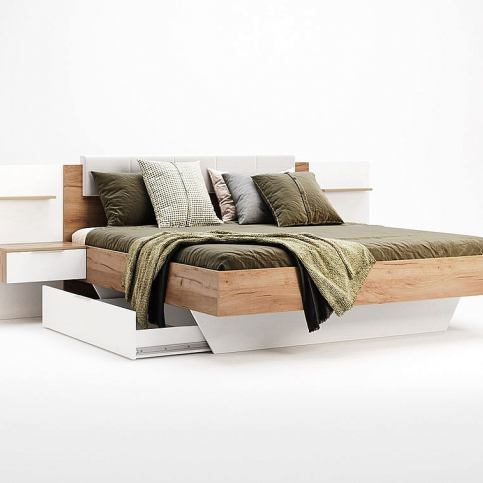 Manželská postel SPIRIT + rošt + matrace MORAVIA + deska s nočními stolky, 160x200, dub Kraft/bílá l - Expedo s.r.o.