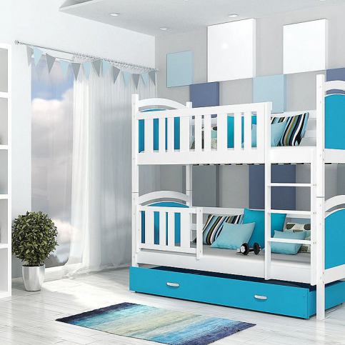 Dětská patrová postel DOBBY color + matrace + rošt ZDARMA, bílá/modrá 184x80 - Expedo s.r.o.