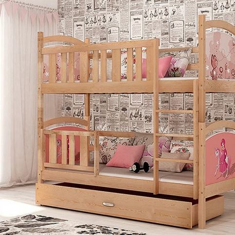 Dětská patrová postel DOBBY s potiskem + matrace + rošt ZDARMA, 80x190, borovice/VZOR dolní 09, horn - Expedo s.r.o.
