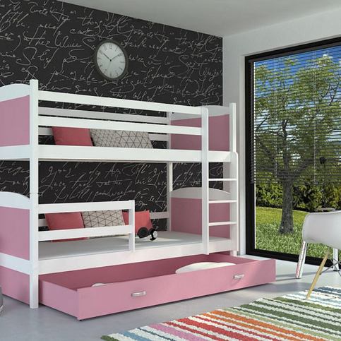 Dětská patrová postel MATES + matrace + rošt ZDARMA, 184x80, bílý/růžový - Expedo s.r.o.