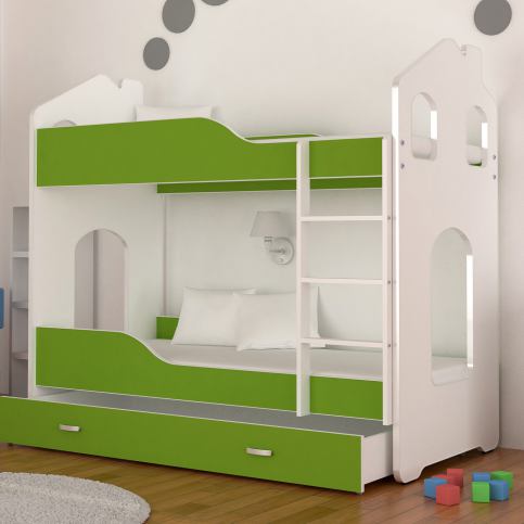 Dětská patrová postel PATRIK Domek + matrace + rošt ZDARMA, 160x80, bílá/zelená - Expedo s.r.o.