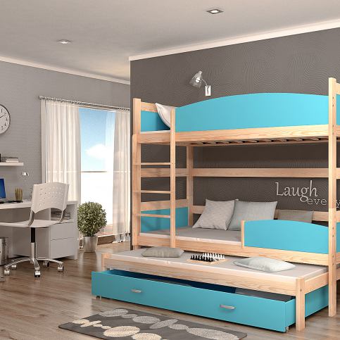 Dětská patrová postel SWING3 + rošt + matrace ZDARMA, 190x90, borovice/modrý - Expedo s.r.o.