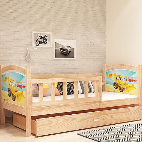 Dětská postel DOBBY P s pohádkovými vzory + matrace + rošt ZDARMA, 80x190, oboustranný tisk, borovic - Expedo s.r.o.