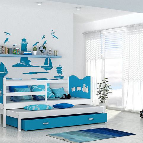 Dětská postel FOX P2 color + matrace + rošt ZDARMA, 184x80, bílá/motýl/modrá - Expedo s.r.o.