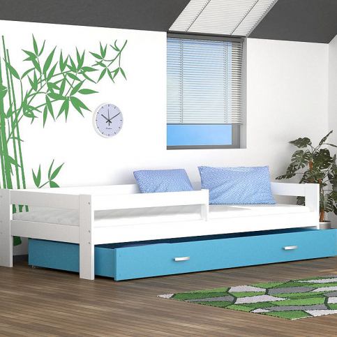 Dětská postel HARRY s barevnou zásuvkou+matrace 180x80, bílá/modrá - Expedo s.r.o.