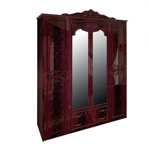 Čtyřdveřová šatní skříň PAPAYA se zrcadlem a šuplíky, 189,5x232x59,5, mahagoni - Expedo s.r.o.