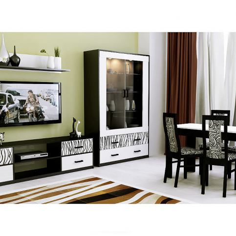 Obývací sestava BORRA - TV stolek + prosklená vitrína, 2 dvířka + police + jídelní stůl 160 bez židl - Expedo s.r.o.