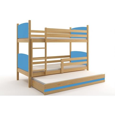 Patrová postel BRENEN 3 + matrace + rošt ZDARMA, 80x190, borovice, blankytná - Expedo s.r.o.