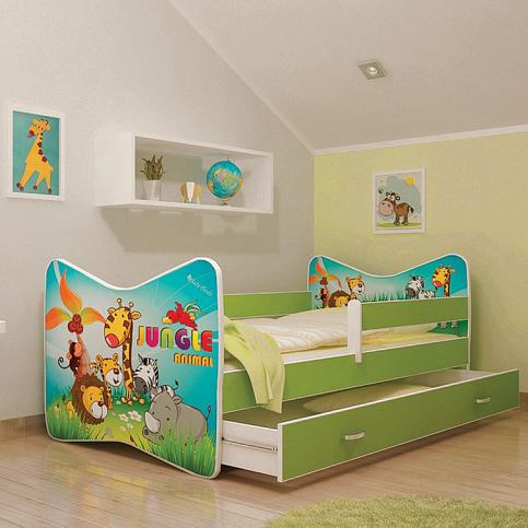 Pohádková dětská postel TOMÁŠ se zásuvkou + matrace + rošt ZDARMA, 140x70, zelená/VZOR 01 - Expedo s.r.o.