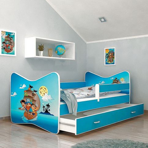 Pohádková dětská postel TOMÁŠ se zásuvkou + matrace + rošt ZDARMA, 160x80, modrá/VZOR 01 - Expedo s.r.o.