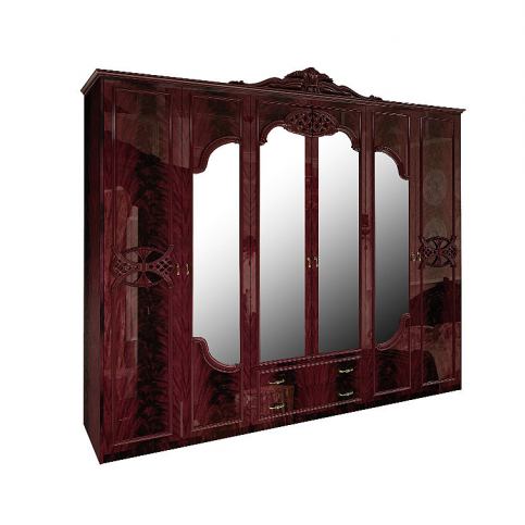 Šestidveřová šatní skříň PAPAYA se zrcadlem a šuplíky, 279x232x59,5, mahagoni - Expedo s.r.o.