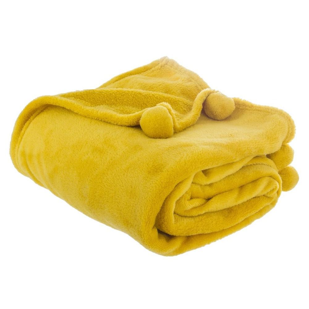 Atmosphera Teplá deka, přikrývka, deka s polyesteru, deka s pompony, 150 x 125 cm - žlutá barva - EMAKO.CZ s.r.o.