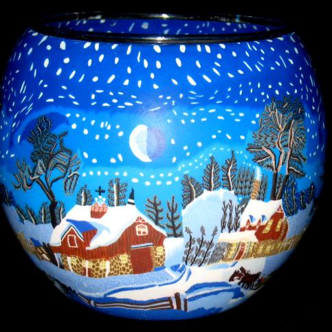 Malovaný skleněný svícen Zimní krajina - Velký Košík