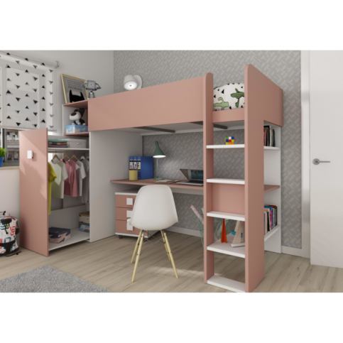 Patrová postel s psacím stolem Bo2 - růžová - Výsuvná šatní skříň k posteli Bo2 - růžová - Favi.cz