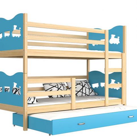 Dětská dřevěná patrová postel FOX 3 + matrace + rošt ZDARMA, 184x80, borovice/motýl/modrá - Expedo s.r.o.