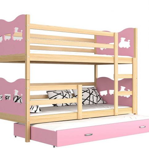 Dětská dřevěná patrová postel FOX 3 + matrace + rošt ZDARMA, 184x80, borovice/motýl/růžová - Expedo s.r.o.