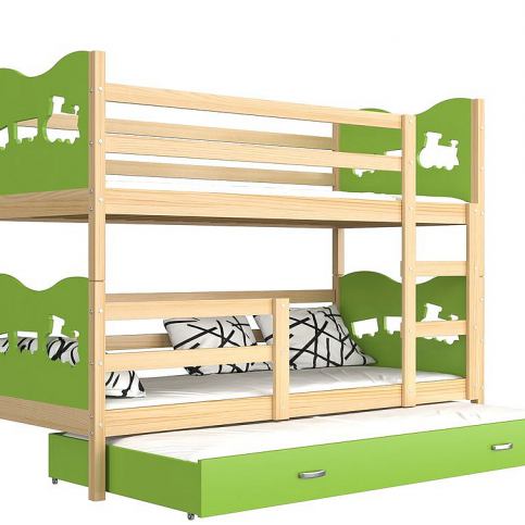 Dětská dřevěná patrová postel FOX 3 + matrace + rošt ZDARMA, 184x80, borovice/motýl/zelená - Expedo s.r.o.