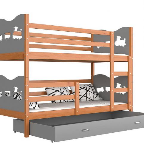 Dětská patrová postel FOX + rošt + matrace ZDARMA, 190x80, olše/šedý - srdíčka - Expedo s.r.o.