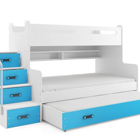 Patrová postel XAVER 4 + matrace + rošt ZDARMA, 120x200, bílý, blankytná - Expedo s.r.o.