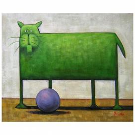 Obraz - Zelená kočka s míčem