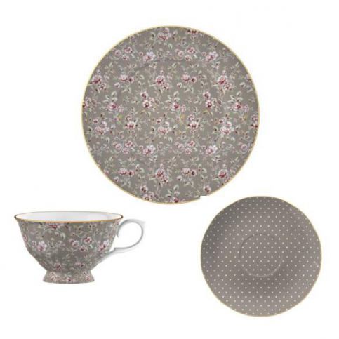 . Porcelánový šálek s podšálkem a dezertní talíř Flowers Grey, 9x9x7 cm; 17,23 cm - Alomi Design