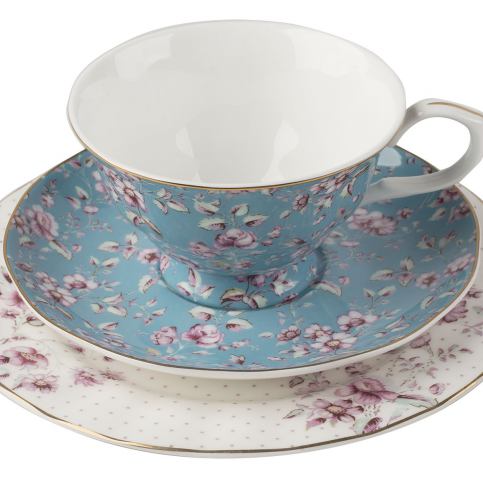 . Porcelánový šálek s podšálkem a dezertním talířkem Flowers, 19x19x7 cm - Alomi Design