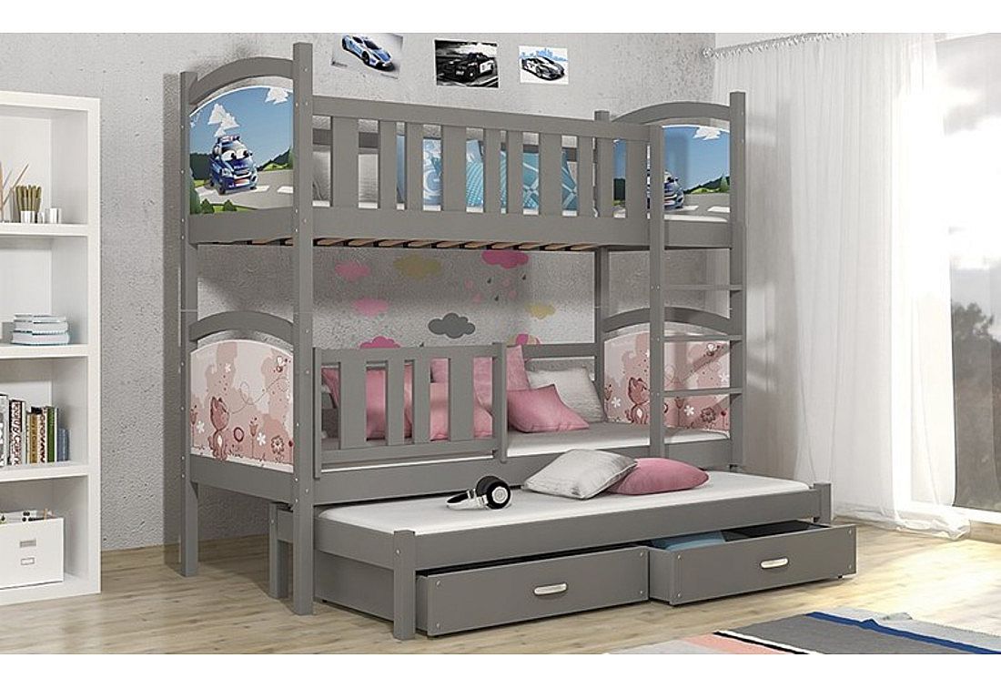 Dětská patrová postel DOBBY 3 color s potiskem + matrace + rošt ZDARMA - Expedo s.r.o.