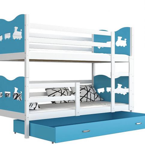 Dětská patrová postel FOX COLOR + matrace + rošt ZDARMA, 190x80, bílý/modrý - vláček - Expedo s.r.o.