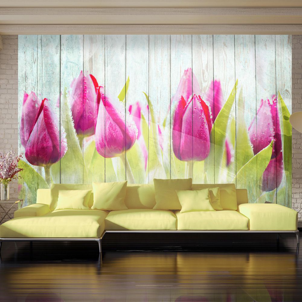 Fototapeta Bimago - Tulips on white wood + lepidlo zdarma 350x245 cm - GLIX DECO s.r.o.