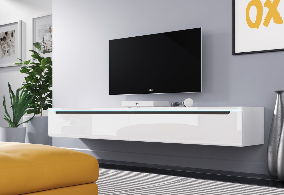 TV stolek MENDES DES I 180, 180x24x33, bílá/bílá lesk, s LED osvětlením - Expedo s.r.o.