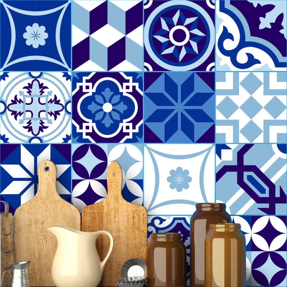 Sada 16 nástěnných samolepek Ambiance Wall Stickers Tiles Azulejos Shade of Blue, 20 x 20 cm - Bonami.cz