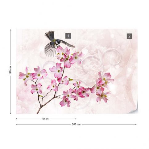 GLIX Fototapeta - Flowers Bird Vintage Chic Pink Vliesová tapeta  - 208x146 cm - GLIX DECO s.r.o.