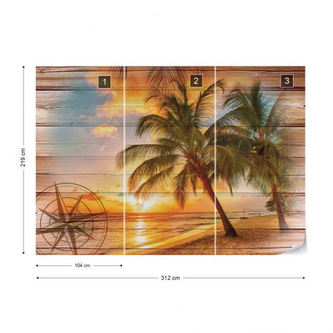 GLIX Fototapeta - Rustic Tropical Beach Sunset Wood Planks Vliesová tapeta  - 312x219 cm - GLIX DECO s.r.o.