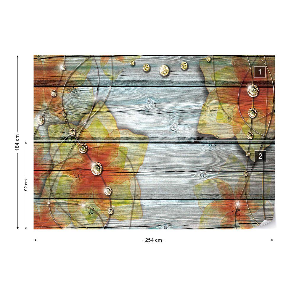 Fototapeta - Orange Flowers Wood Plank Texture Diamonds Vliesová tapeta  - 254x184 cm - GLIX DECO s.r.o.