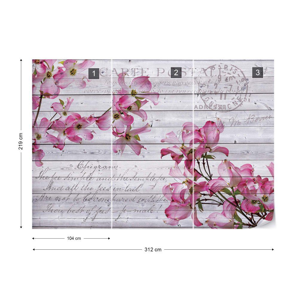 Fototapeta - Pink Flowers Wood Plank Texture Vintage Script Farmhouse Chic Vliesová tapeta  - 312x219 cm - GLIX DECO s.r.o.