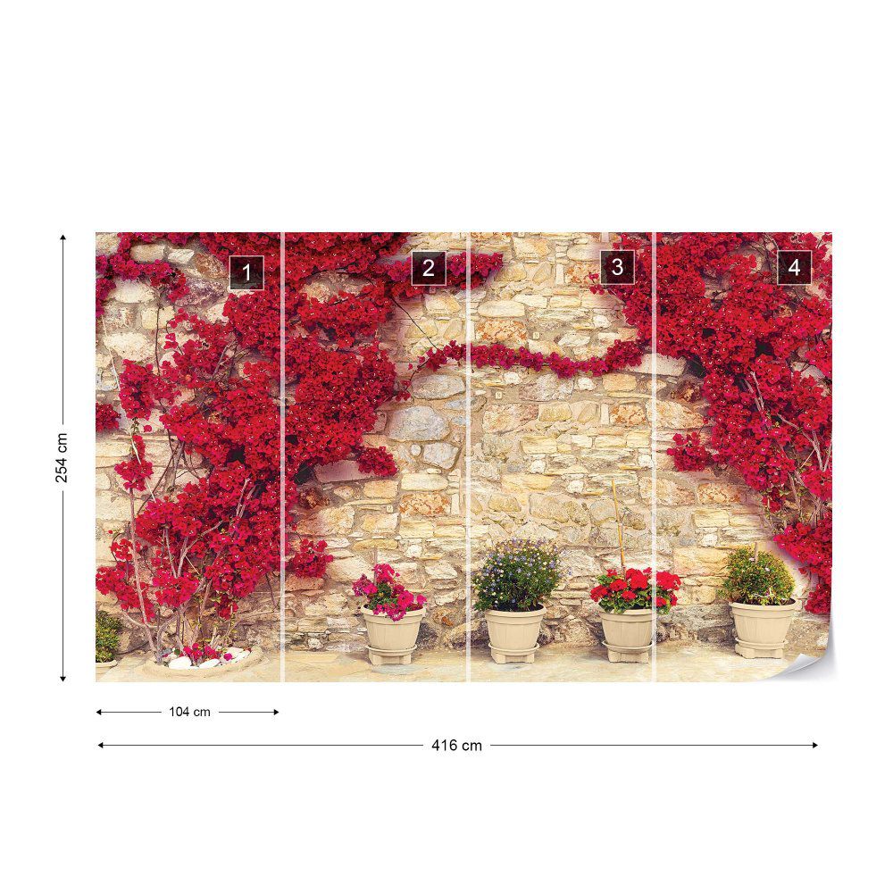 Fototapeta GLIX - Red Flowers Old Stone Wall 3 + lepidlo ZDARMA Vliesová tapeta  - 416x254 cm - GLIX DECO s.r.o.