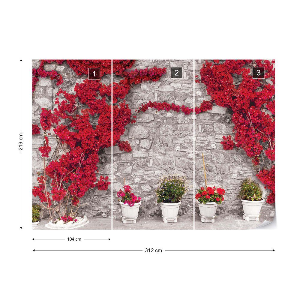 Fototapeta GLIX - Red Flowers Old Stone Wall 4 + lepidlo ZDARMA Vliesová tapeta  - 312x219 cm - GLIX DECO s.r.o.
